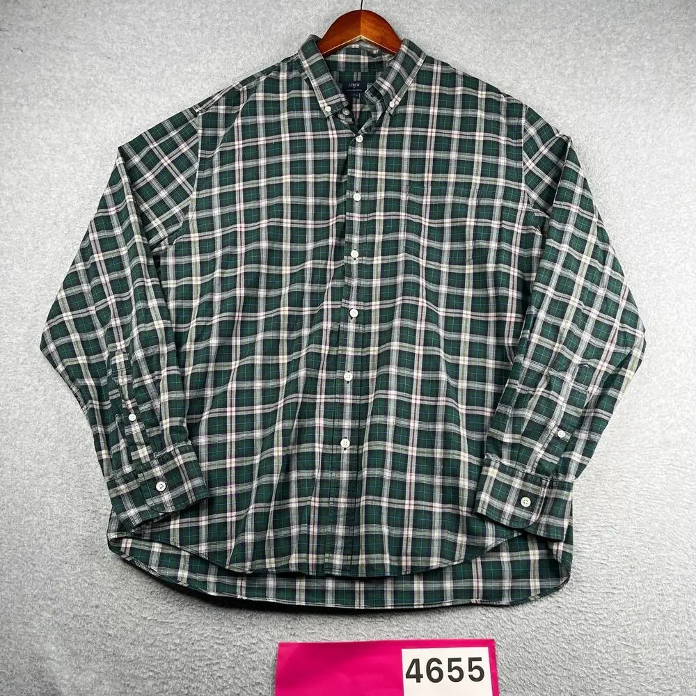 J Crew Heathered Cotton Shirt XL Green Plaid Casual Button Up Long Sleeve Mens